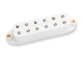 White guitar pickup with twelve metal pole pieces and labeled Seymour Duncan on the cover.