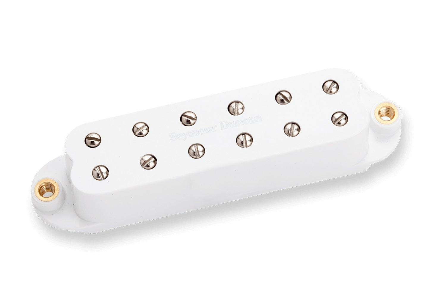 White guitar pickup with twelve metal pole pieces and labeled Seymour Duncan on the cover.