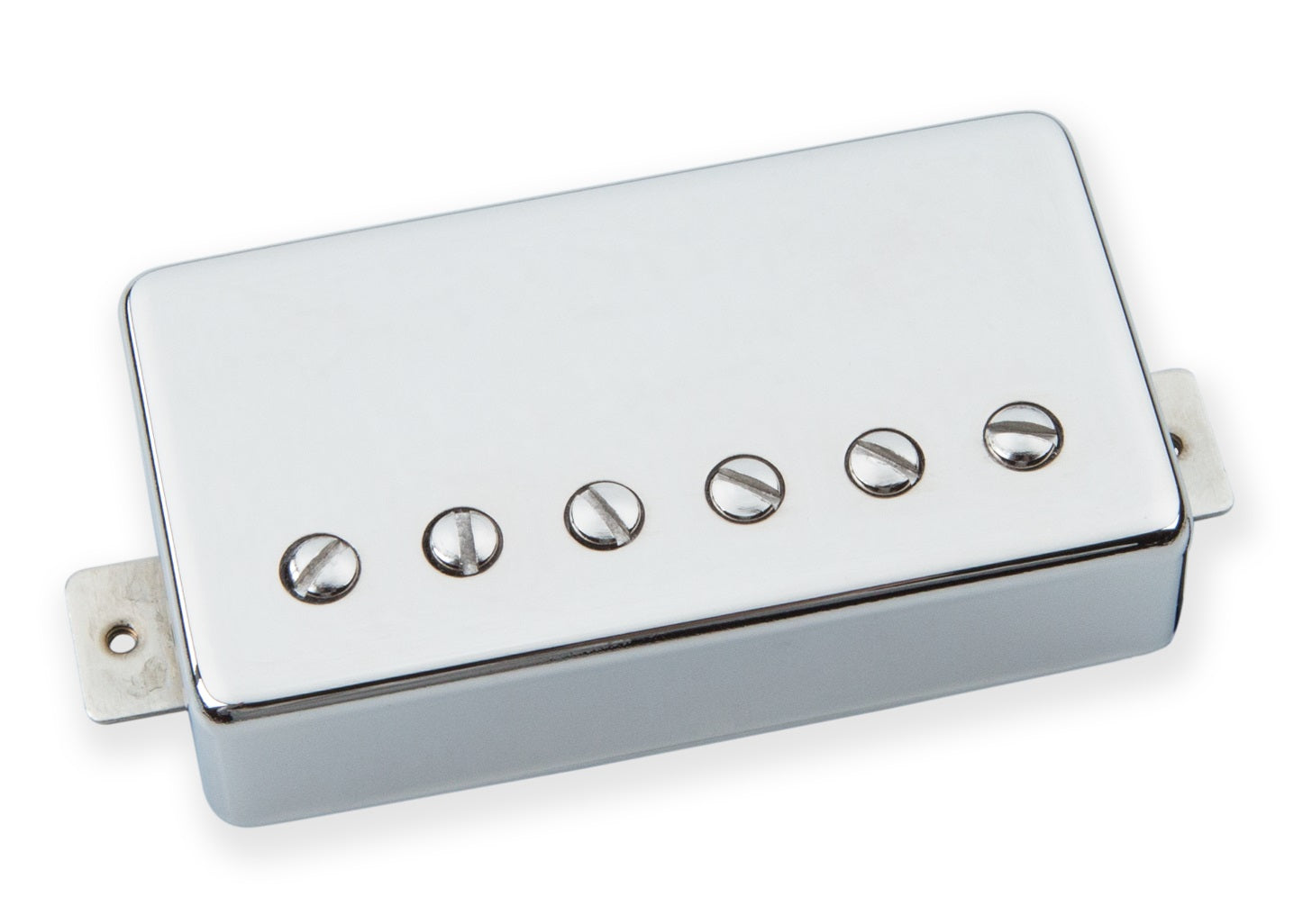 Rectangular nickel-covered guitar pickup with six adjustable pole screws and mounting tabs on each side.
