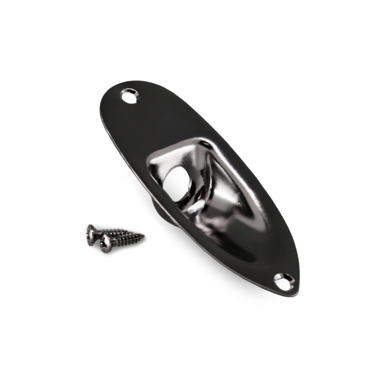 Black metal jack plate with two screws on a white background.