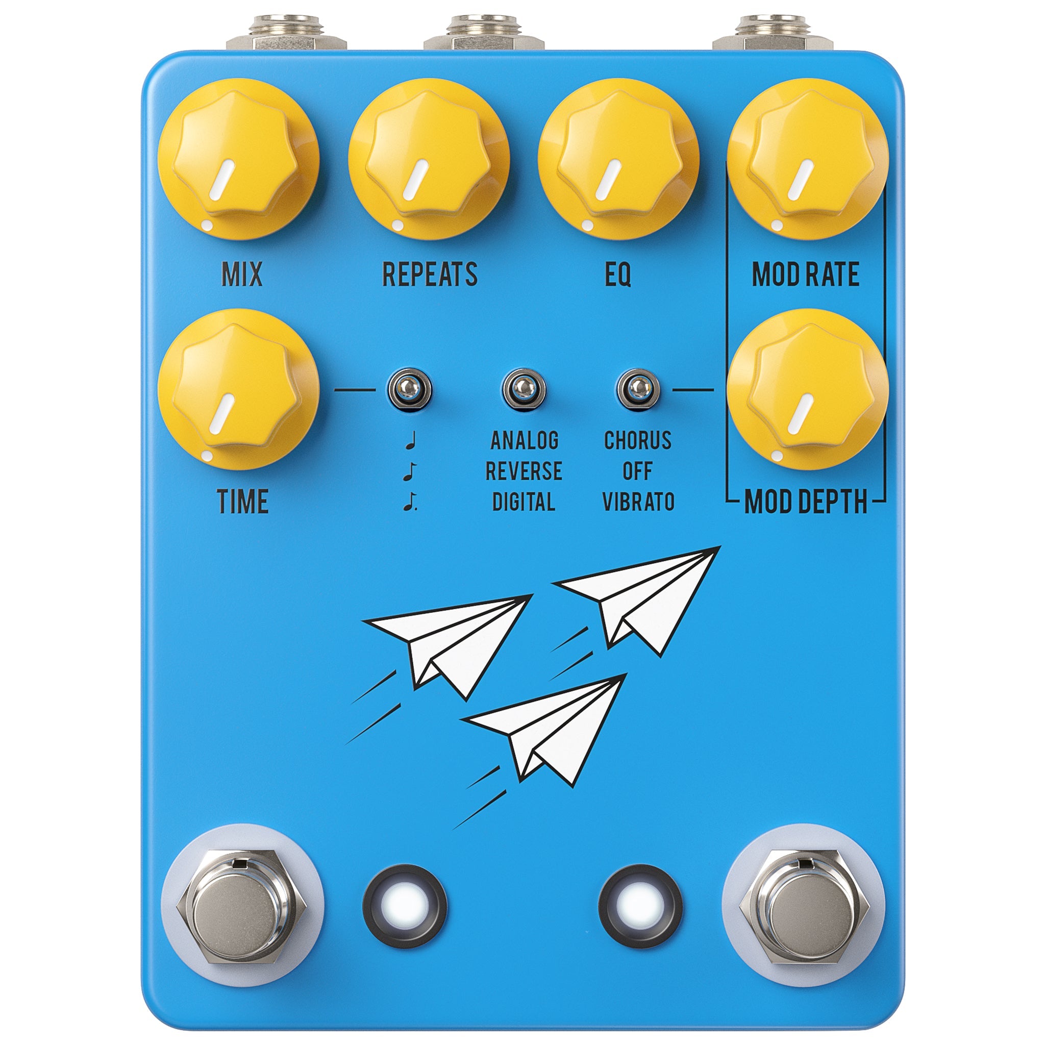 Blue guitar effects pedal with yellow knobs, three toggle switches, two footswitches, and paper airplane graphics