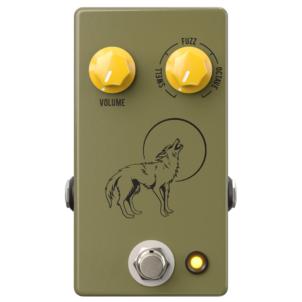 Olive green effects pedal with two yellow knobs, a wolf graphic, footswitch, and a lit indicator light.