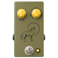 Olive green effects pedal with two yellow knobs, a wolf graphic, footswitch, and a lit indicator light.