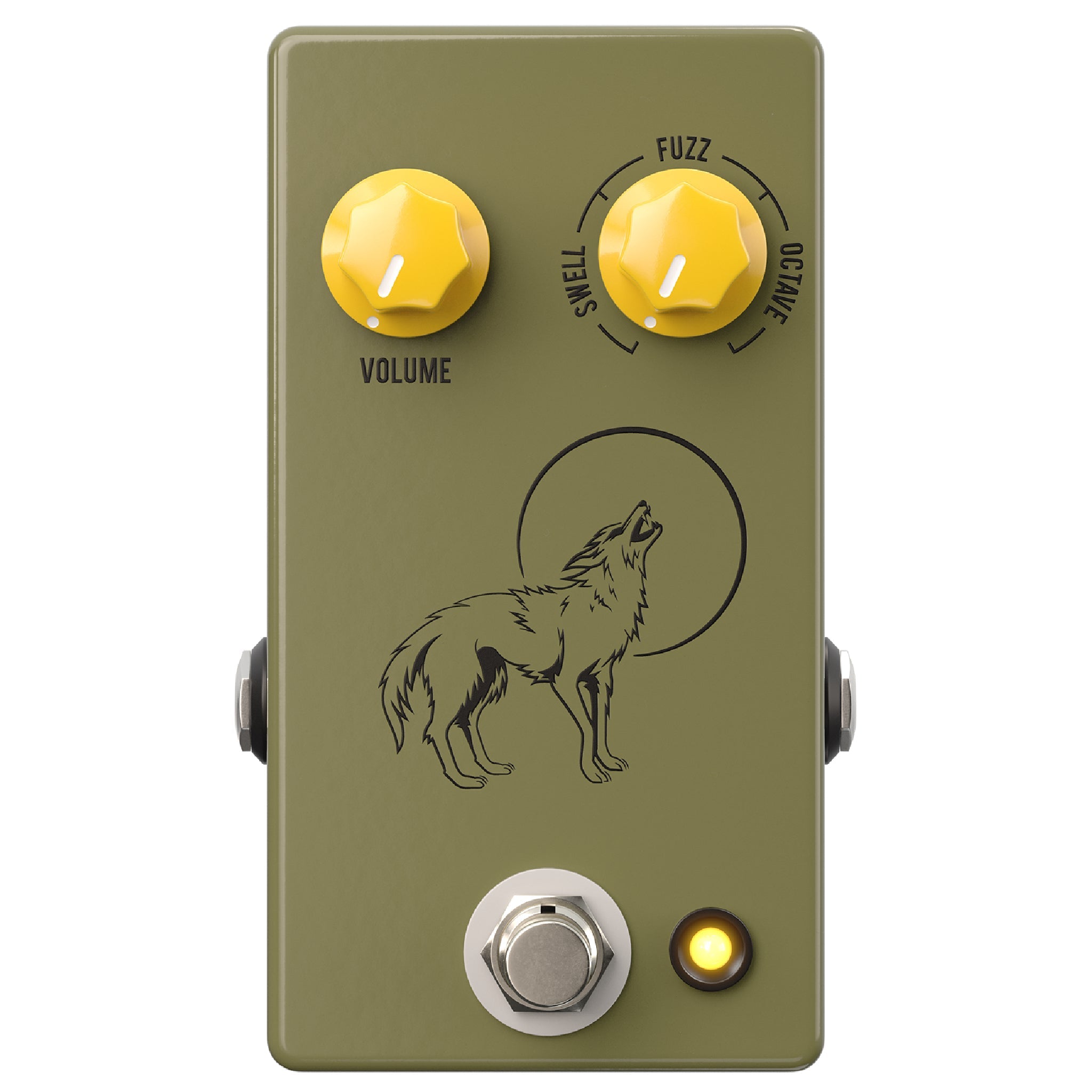 Olive green effects pedal with two yellow knobs, a wolf graphic, footswitch, and a lit indicator light.