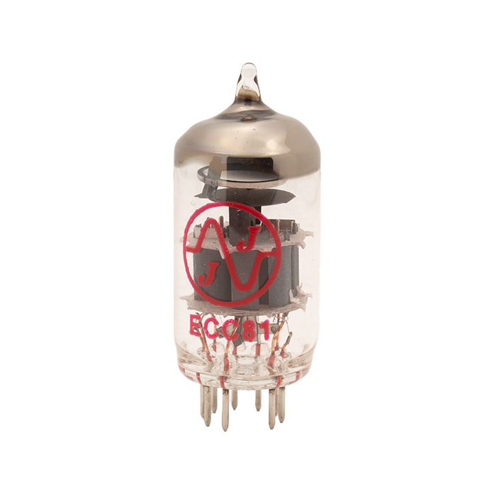 Clear glass vacuum tube with 9 metal pins visible, red JJ logo and ECC81 printed on the tube.