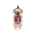 Clear glass vacuum tube with red JJ logo and ECC82 marking, showing internal components and pin connectors.