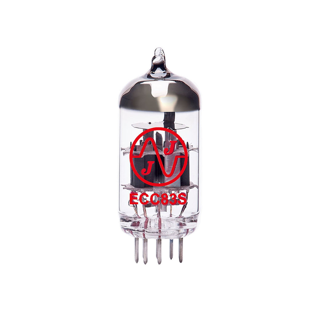 Clear glass vacuum tube with metal pins and red JJ logo and ECC83S marking visible on the glass.