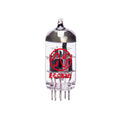 Clear glass vacuum tube with metal pins and red JJ logo and ECC83S marking visible on the glass.