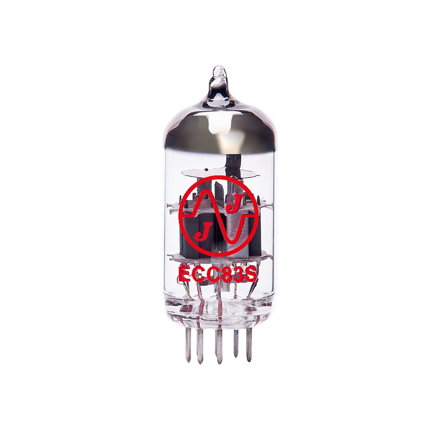 Clear glass vacuum tube with metal pins and red JJ logo and ECC83S marking visible on the glass.