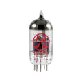 Glass vacuum tube with red JJ logo and 12AY7 text, showing internal components and metal pins at the bottom.