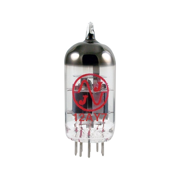 Glass vacuum tube with red JJ logo and 12AY7 text, showing internal components and metal pins at the bottom.