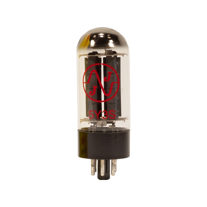 Vacuum tube with glass body, black base, and red printed label reading 5Y3S and JJ logo.