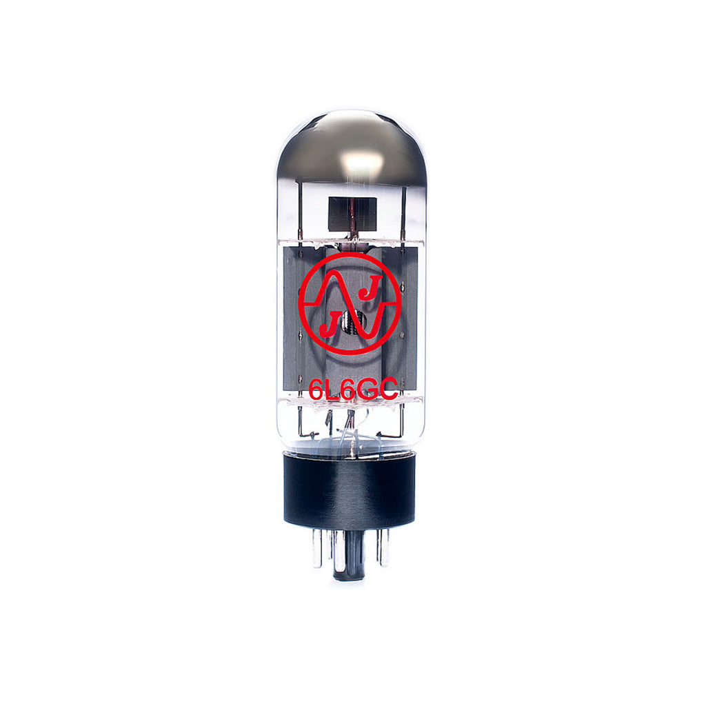 Clear glass vacuum tube with black base and red 6L6GC and JJ logo printed on it.