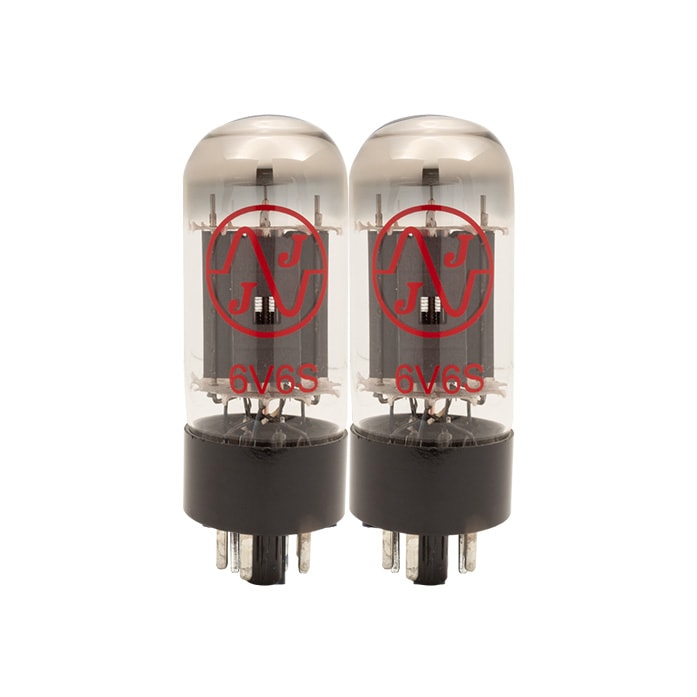 Pair of clear glass vacuum tubes with black bases and red JJ logo and 6V6S label