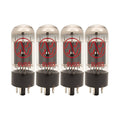 Four clear glass vacuum tubes with black bases and red JJ logos and 6V6S text on each.