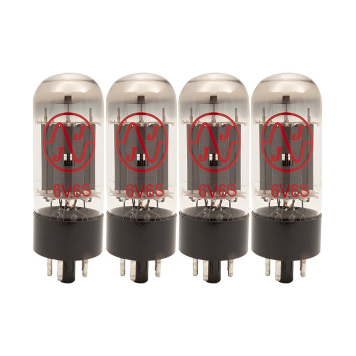 Four clear glass vacuum tubes with black bases and red JJ logos and 6V6S text on each.