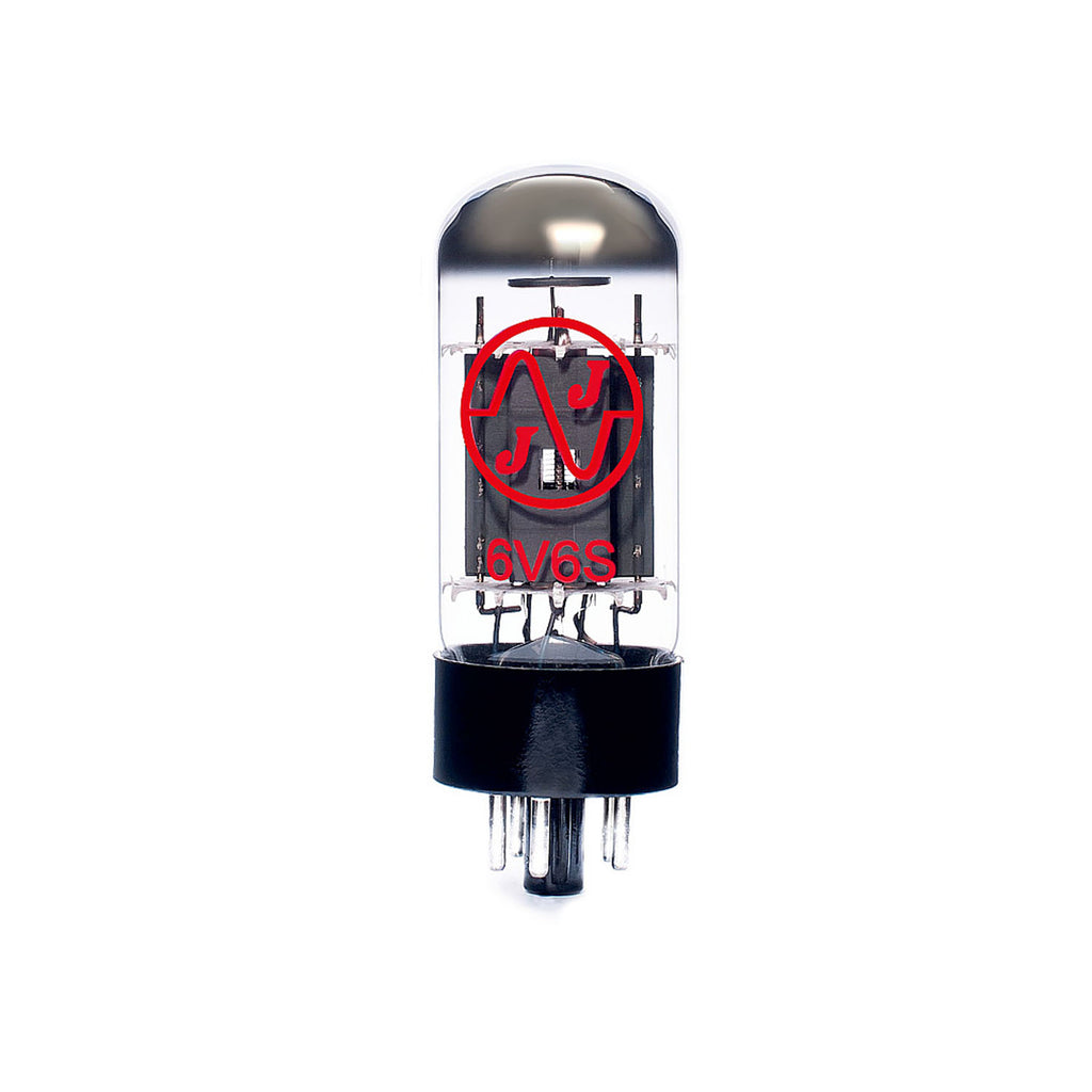 A clear glass vacuum tube with black base and red text labeled 6V6S.