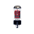 A clear glass vacuum tube with black base and red text labeled 6V6S.
