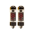Pair of clear glass vacuum tubes with black bases and red JJ logos labeled E34L.