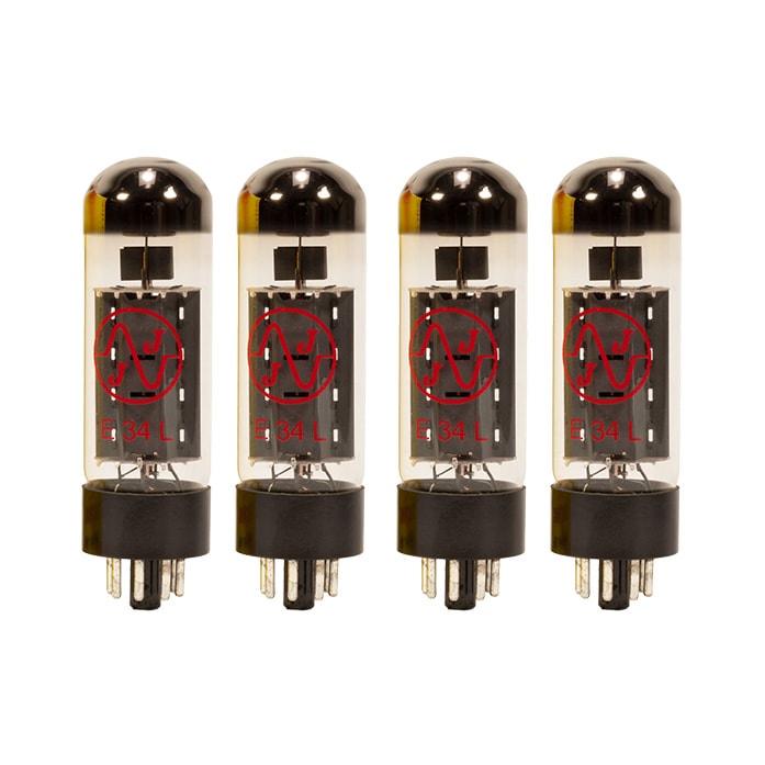 Four identical vacuum tubes with black bases and red JJ logos on clear glass envelopes are shown upright in a row.