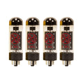 Four identical vacuum tubes with black bases and red JJ logos on clear glass envelopes are shown upright in a row.