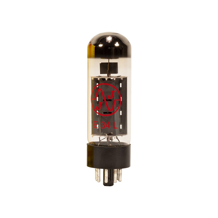 Clear glass vacuum tube with metal base and red JJ logo and E 34 L marking.