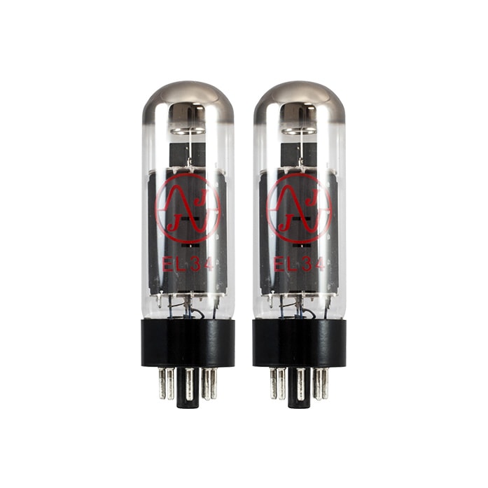 Two clear glass vacuum tubes with black bases and red JJ logo and EL34 text.