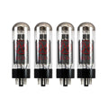 Four clear glass vacuum tubes with black bases and red markings standing upright in a row.