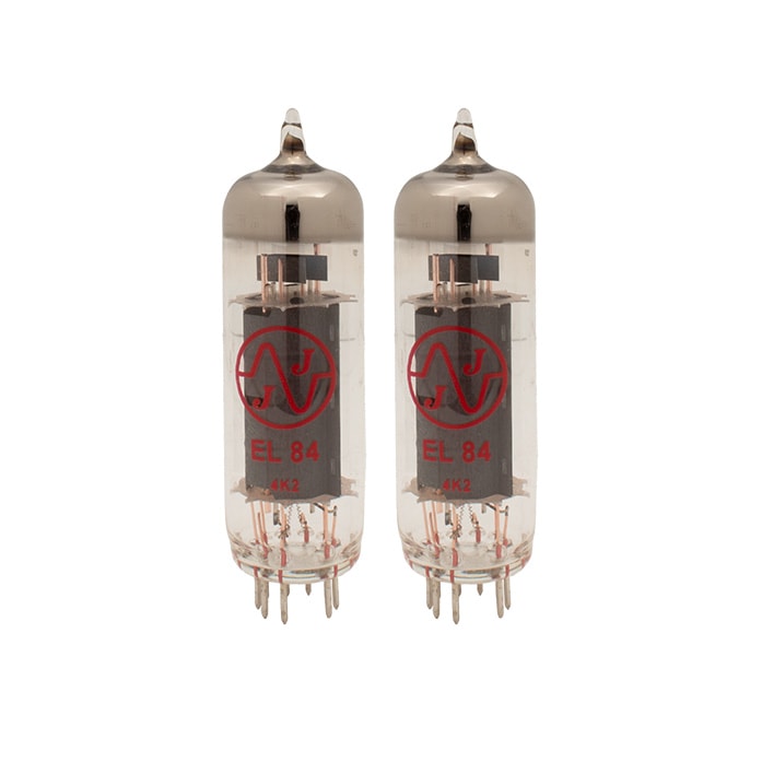 Two clear glass vacuum tubes with red JJ logo and EL 84 markings shown side by side.