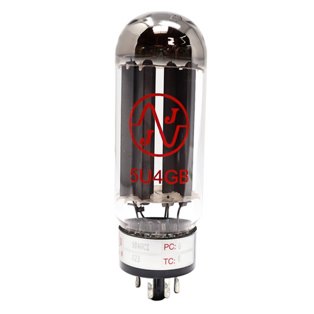 Close-up of a glass vacuum tube with red JJ logo and 5U4GB marking and metal pin connectors at base.