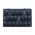 Black synthesizer panel with multiple labeled knobs and toggle switches on a white background
