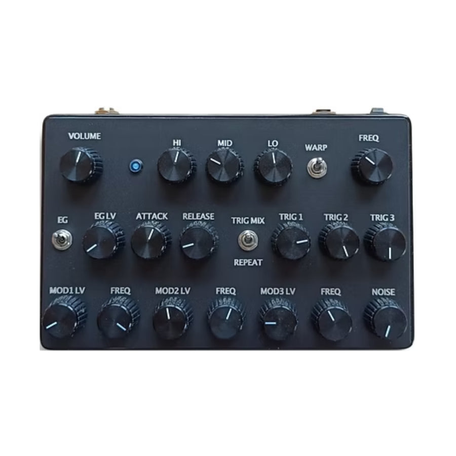 Black synthesizer panel with multiple labeled knobs and toggle switches on a white background