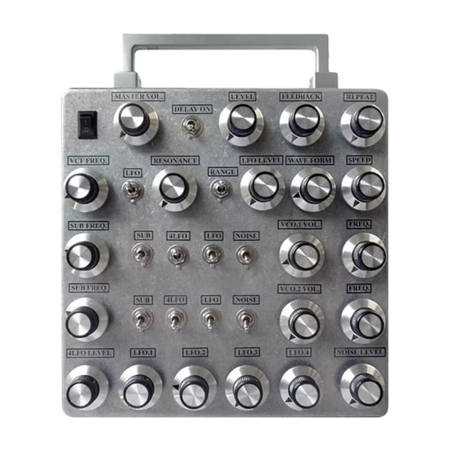 Front view of a metal panel with multiple labeled knobs and switches for audio control.