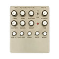 Beige synthesizer control panel with multiple black knobs and a toggle switch labeled with various sound parameters.