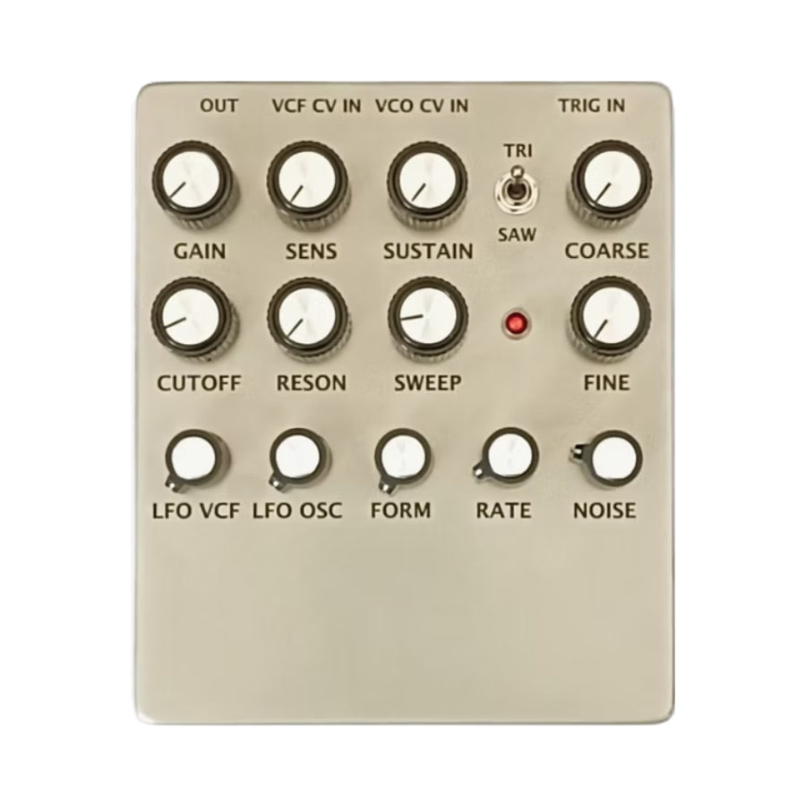 Beige synthesizer control panel with multiple black knobs and a toggle switch labeled with various sound parameters.