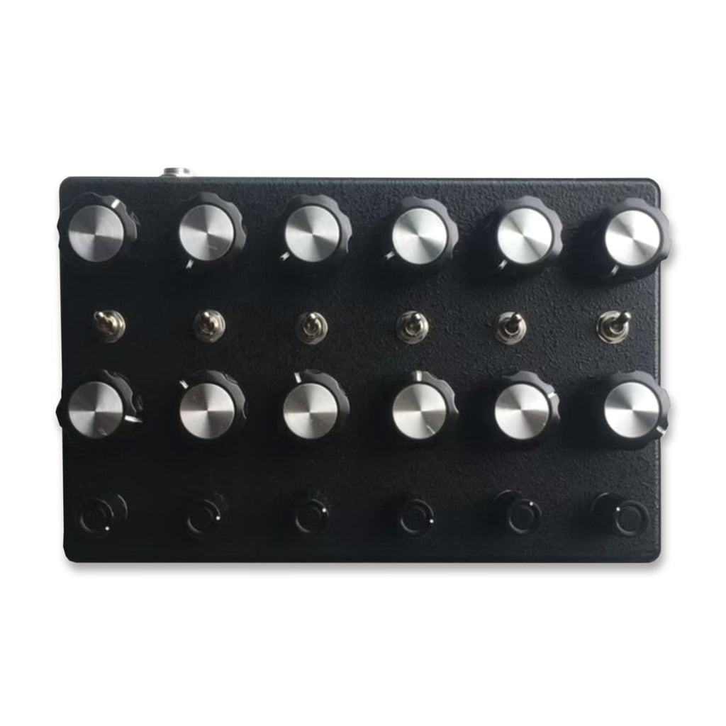 Black electronic control panel with two rows of six silver rotary knobs, five toggle switches, and six push buttons below