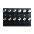 Black electronic control panel with two rows of six silver rotary knobs, five toggle switches, and six push buttons below