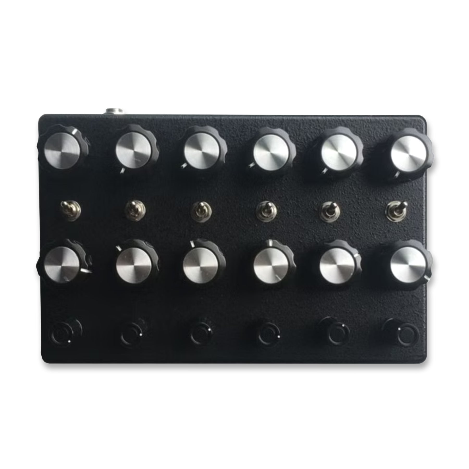 Black electronic control panel with two rows of six silver rotary knobs, five toggle switches, and six push buttons below