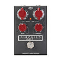 Black guitar effects pedal with four red knobs, one footswitch, and two input/output jacks.