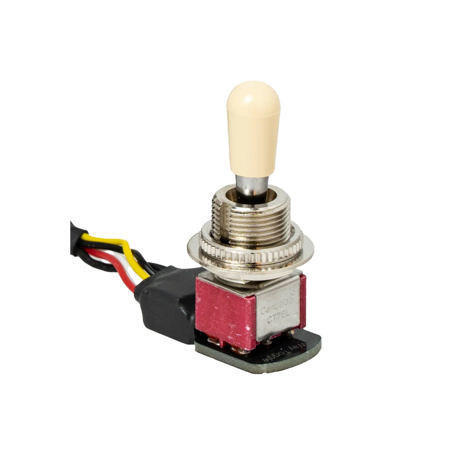 A toggle switch with cream knob, metal mounting ring, red base, and attached multi-colored wires on white background.