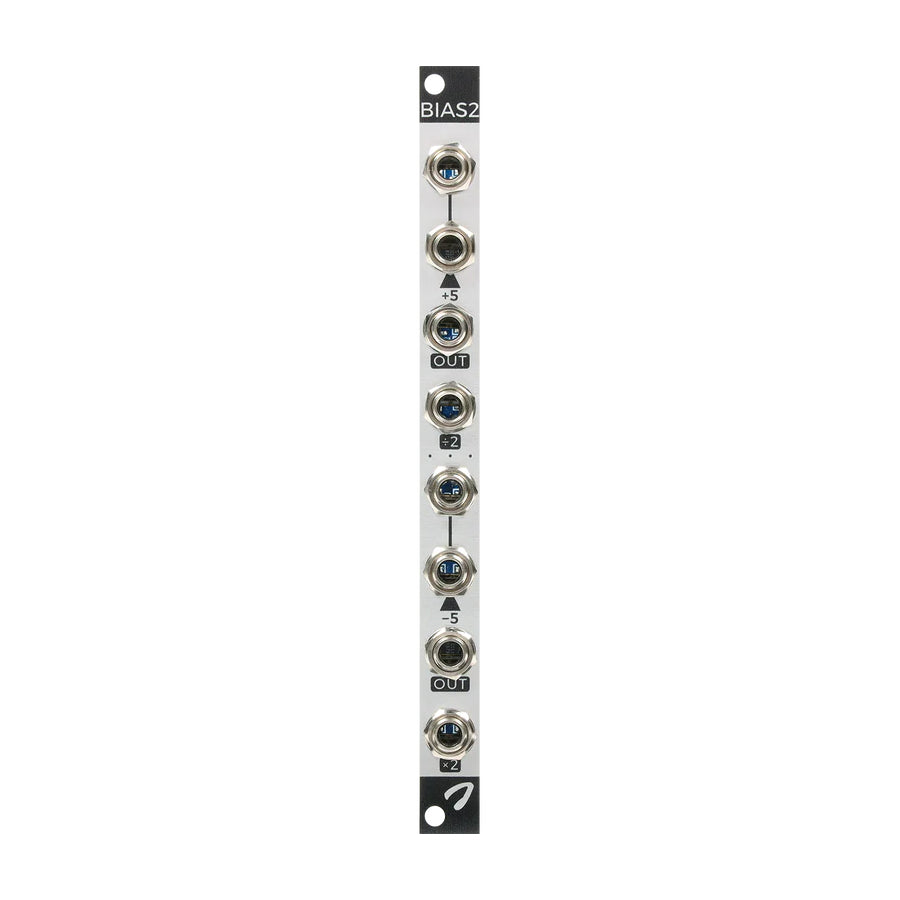 Narrow white eurorack module with eight 6.35mm mono jacks labeled with voltage values and outputs.