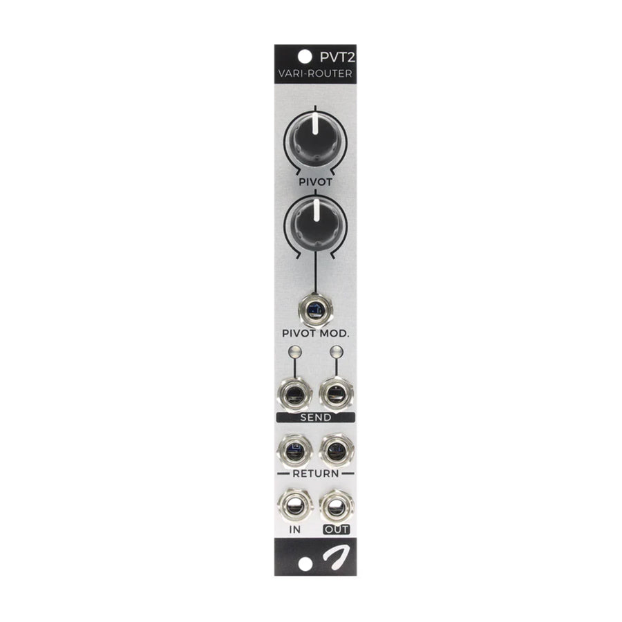 Gray eurorack module with two knobs and eight 3.5mm audio jacks labeled for pivot, send, return, input, and output.