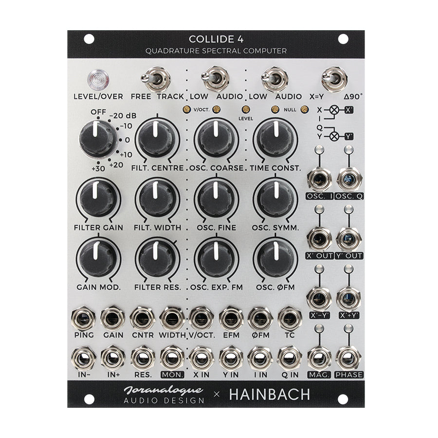 Front panel of a Joranalogue Collide 4 eurorack module with knobs, toggle switches, and multiple 3.5mm jacks.
