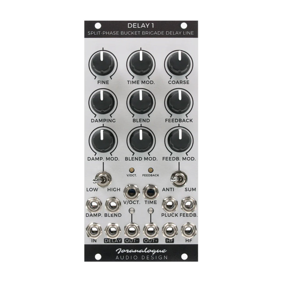 Eurorack module with nine knobs, three toggle switches, and multiple audio jacks labeled for delay and feedback controls