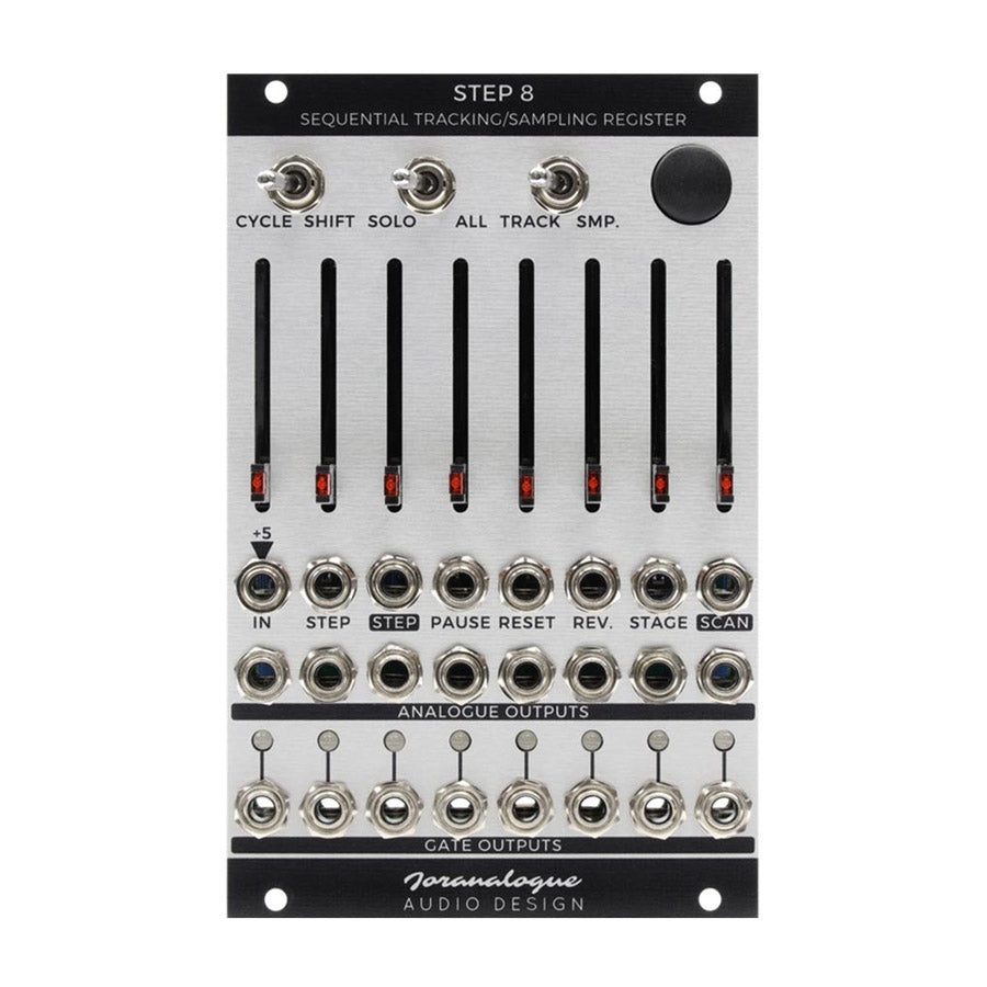 Silver Joranalogue module with eight vertical sliders, toggle switches, one rotary knob, and multiple 3.5mm jacks.