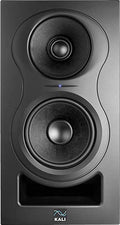 Front view of a black studio monitor speaker with two drivers and a bass port at the bottom