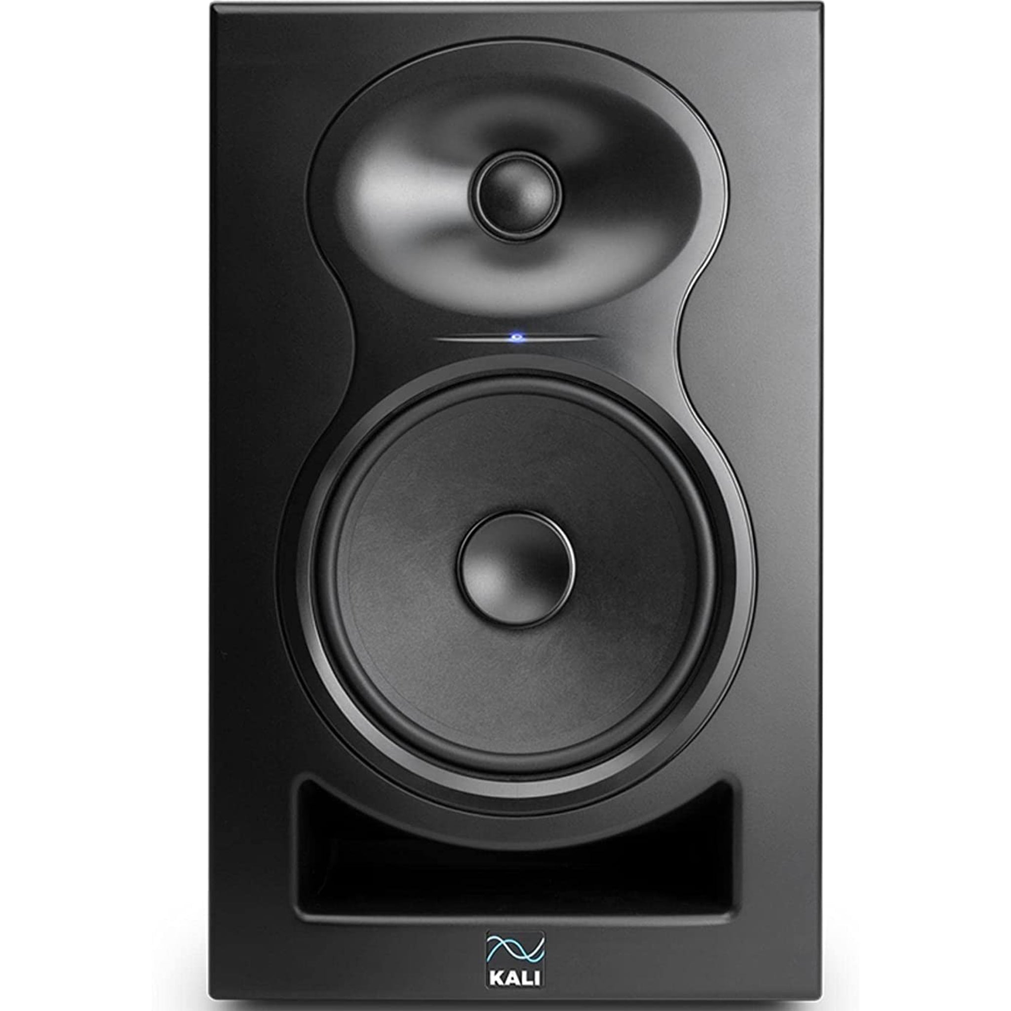 Front view of a black Kali studio monitor speaker with woofer, tweeter, and brand logo.
