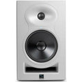 Front view of a white Kali studio monitor speaker with black drivers and a rectangular port at the bottom.