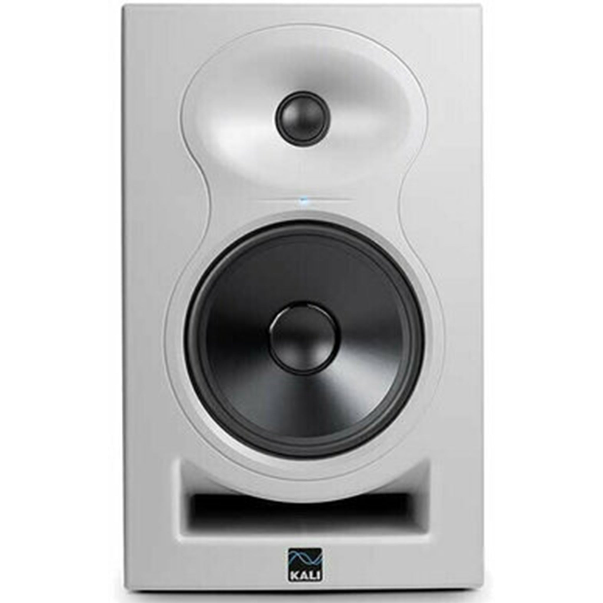 Front view of a white Kali studio monitor speaker with black drivers and a rectangular port at the bottom.