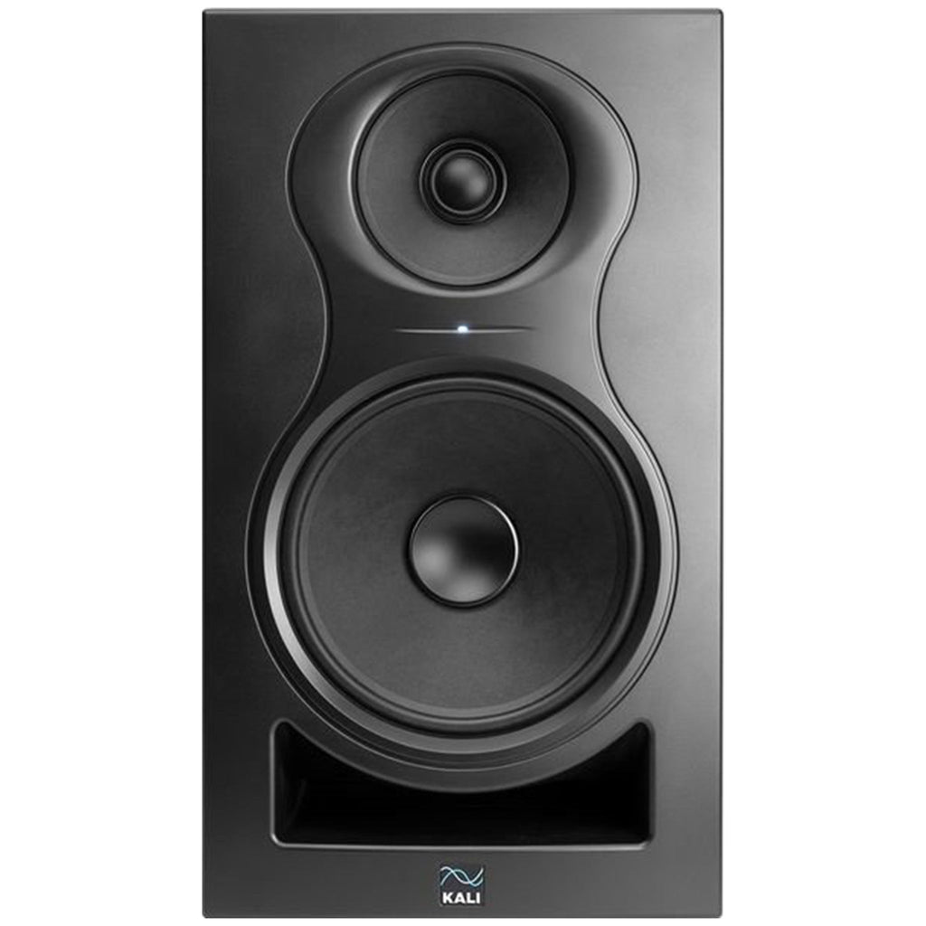 Front view of a black Kali Audio studio monitor with two speaker drivers and a bass port.